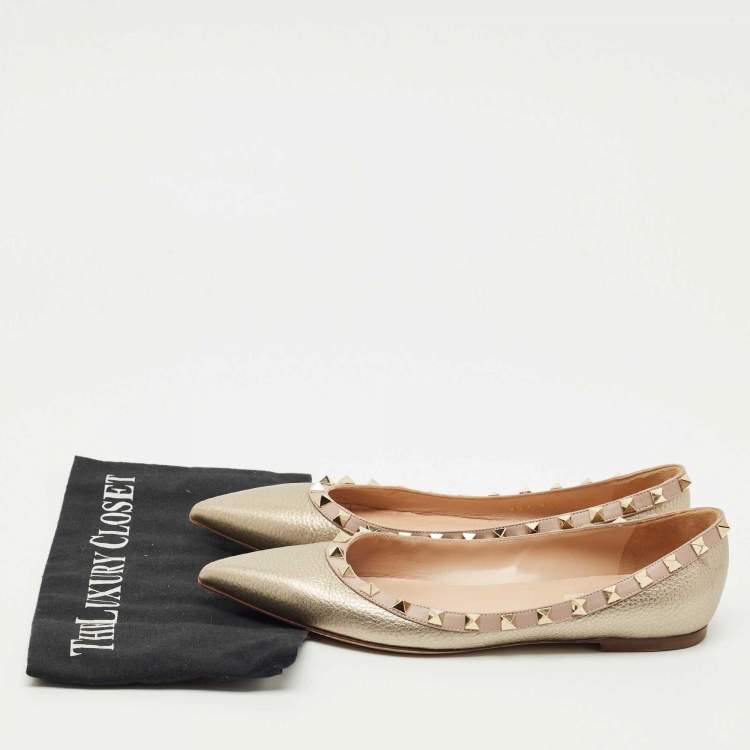 Pre Owned Valentino Gold/Dusty Pink Leather Rockstud Ballet Flats Size 39