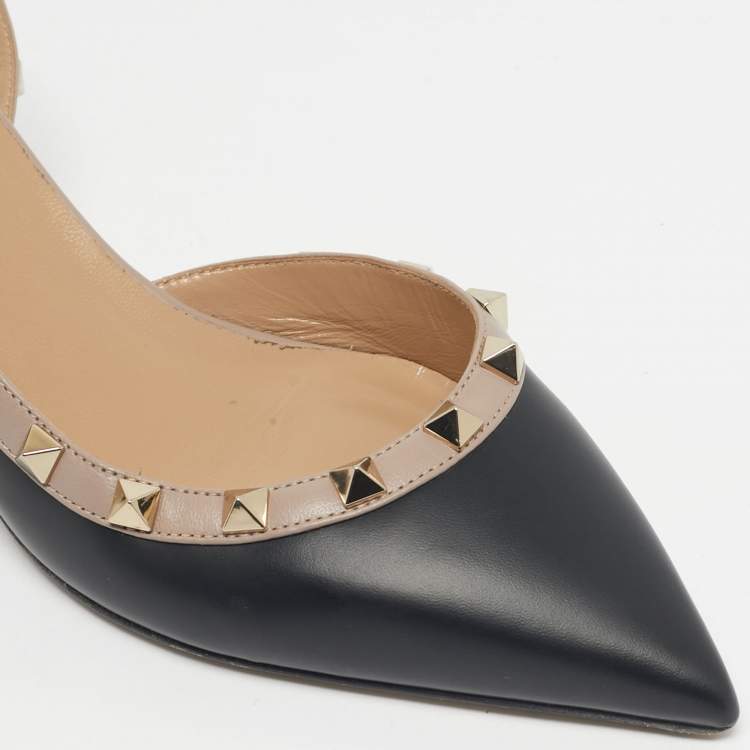 Pre Owned Valentino Black/Beige Leather Rockstud D'orsay Slingback Pumps Size 38.5