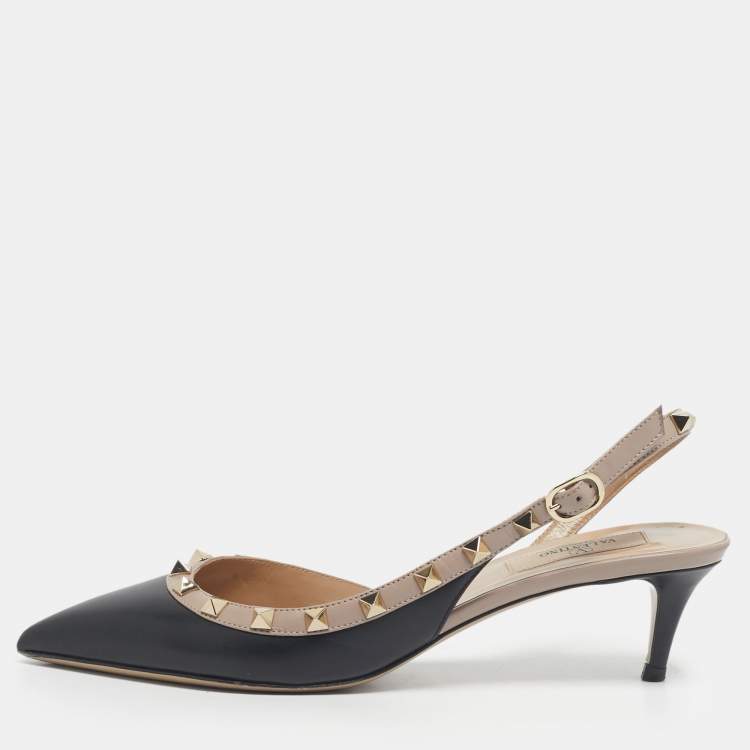 Pre Owned Valentino Black/Beige Leather Rockstud D'orsay Slingback Pumps Size 38.5