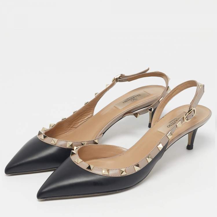 Pre Owned Valentino Black/Beige Leather Rockstud D'orsay Slingback Pumps Size 38.5