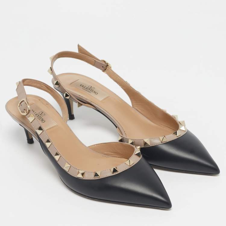 Pre Owned Valentino Black/Beige Leather Rockstud D'orsay Slingback Pumps Size 38.5