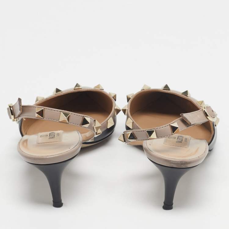 Pre Owned Valentino Black/Beige Leather Rockstud D'orsay Slingback Pumps Size 38.5
