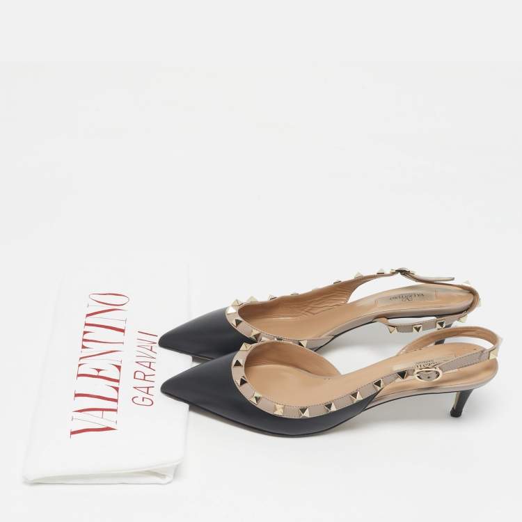 Pre Owned Valentino Black/Beige Leather Rockstud D'orsay Slingback Pumps Size 38.5