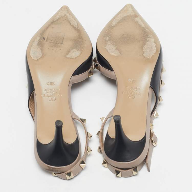 Pre Owned Valentino Black/Beige Leather Rockstud D'orsay Slingback Pumps Size 38.5