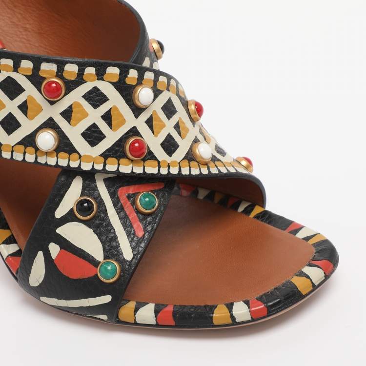 Pre Owned Valentino Multicolor Leather Studded Crossover Primitive Ankle Strap Sandals Size 38.5