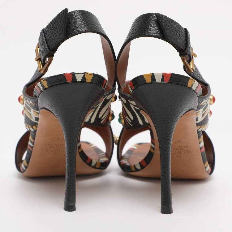 Pre Owned Valentino Multicolor Leather Studded Crossover Primitive Ankle Strap Sandals Size 38.5
