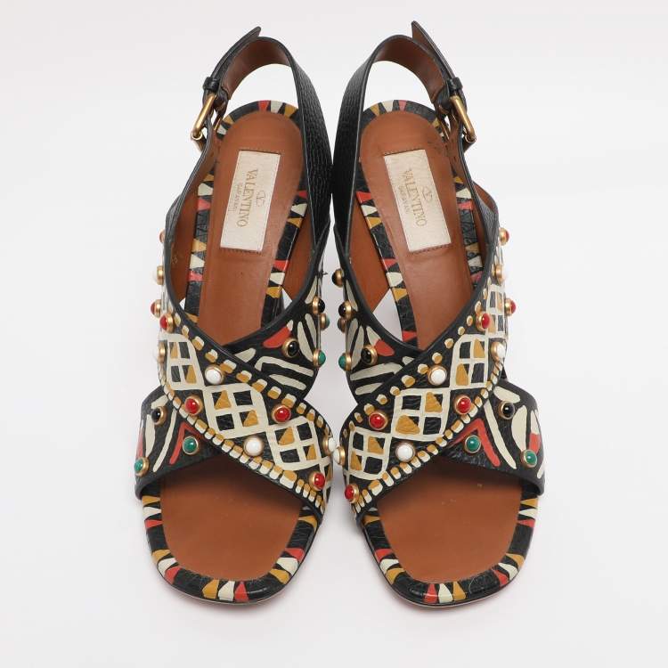Pre Owned Valentino Multicolor Leather Studded Crossover Primitive Ankle Strap Sandals Size 38.5