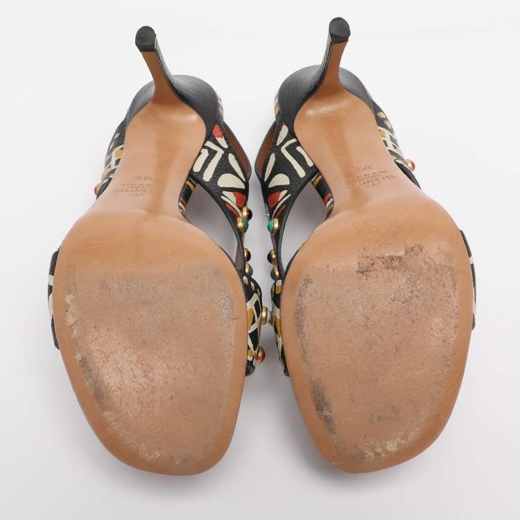 Pre Owned Valentino Multicolor Leather Studded Crossover Primitive Ankle Strap Sandals Size 38.5