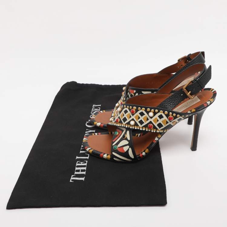 Pre Owned Valentino Multicolor Leather Studded Crossover Primitive Ankle Strap Sandals Size 38.5