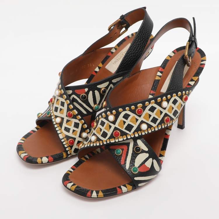 Pre Owned Valentino Multicolor Leather Studded Crossover Primitive Ankle Strap Sandals Size 38.5