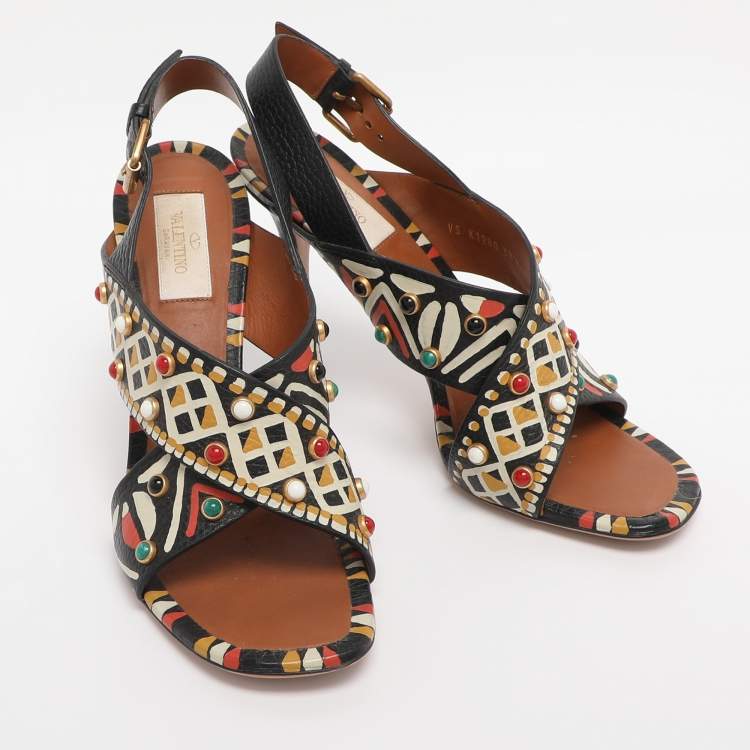 Pre Owned Valentino Multicolor Leather Studded Crossover Primitive Ankle Strap Sandals Size 38.5