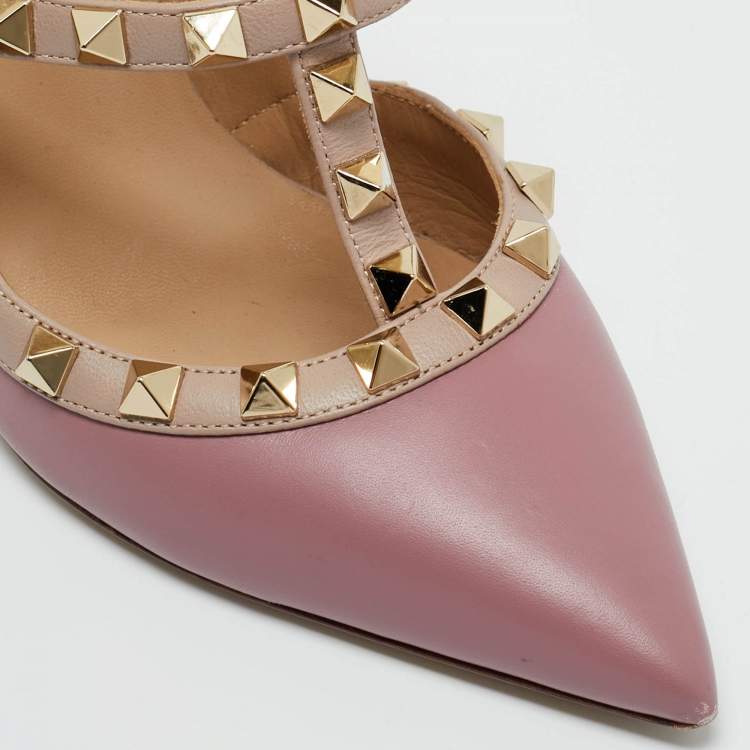 Pre Owned Valentino Beige/Purple Leather and Patent Rockstud Pumps Size 36