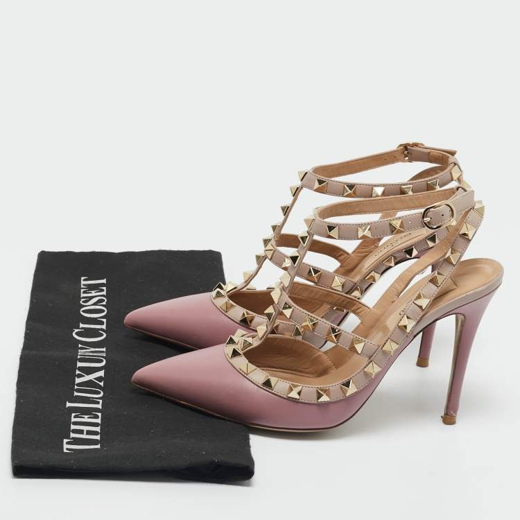 Pre Owned Valentino Beige/Purple Leather and Patent Rockstud Pumps Size 36