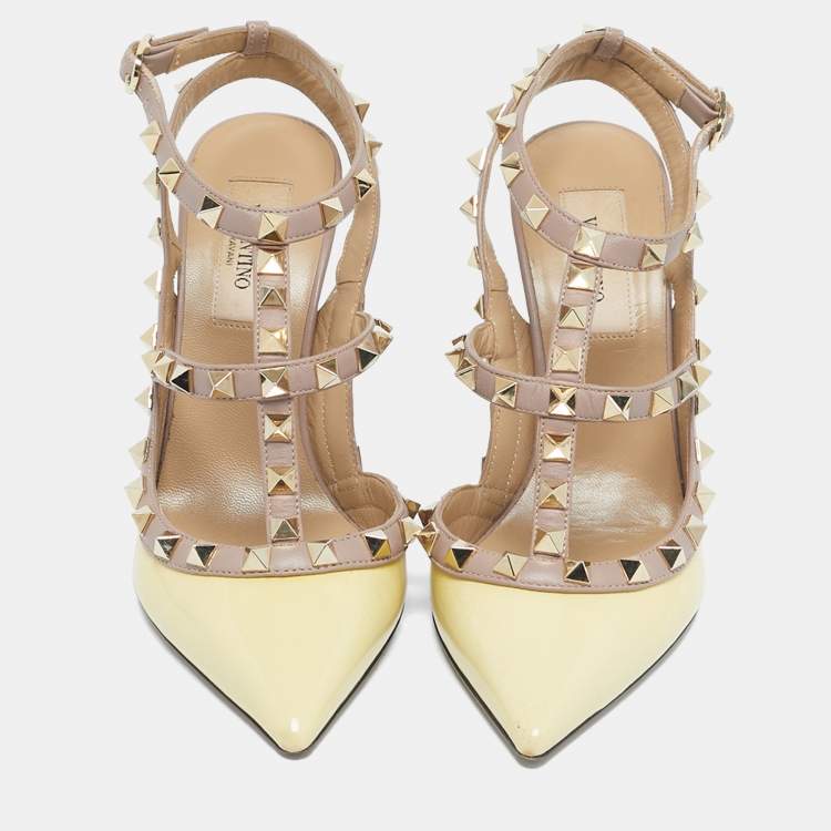 Pre Owned Valentino Yellow/Beige Patent Leather Rockstud Caged Ankle Strap Pumps Size 36