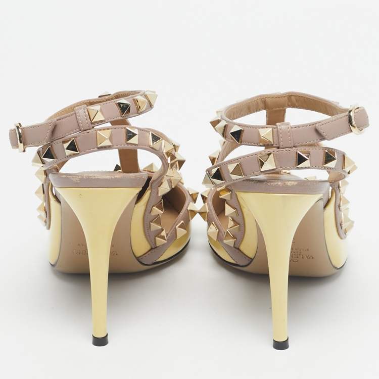 Pre Owned Valentino Yellow/Beige Patent Leather Rockstud Caged Ankle Strap Pumps Size 36