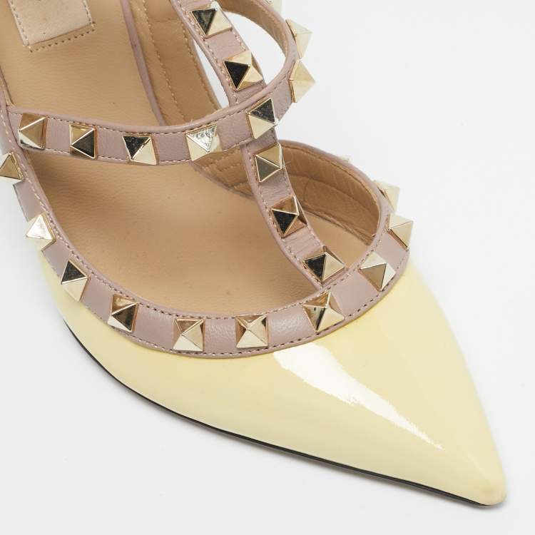 Pre Owned Valentino Yellow/Beige Patent Leather Rockstud Caged Ankle Strap Pumps Size 36