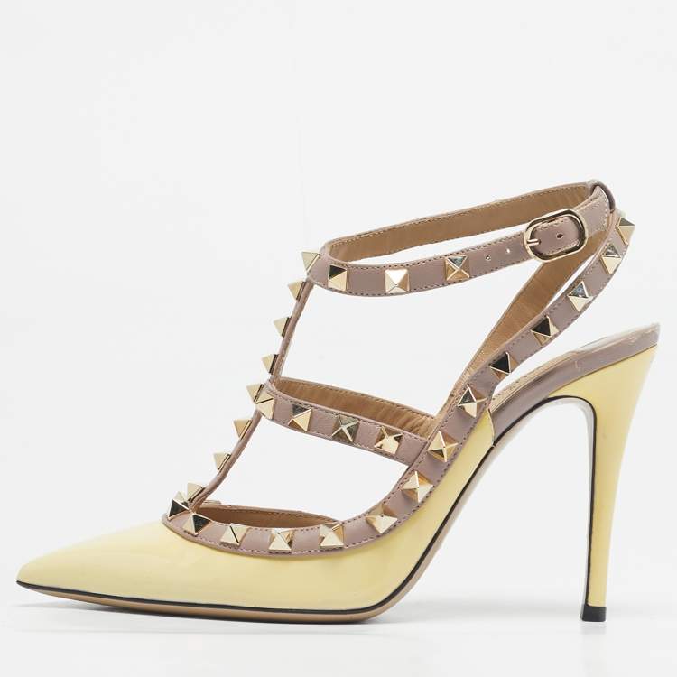 Pre Owned Valentino Yellow/Beige Patent Leather Rockstud Caged Ankle Strap Pumps Size 36