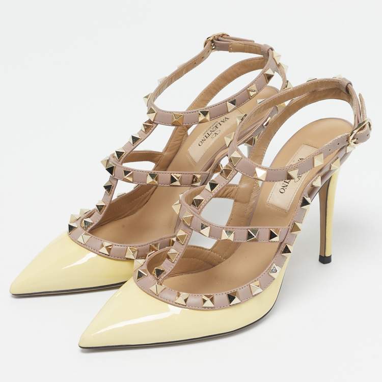 Pre Owned Valentino Yellow/Beige Patent Leather Rockstud Caged Ankle Strap Pumps Size 36