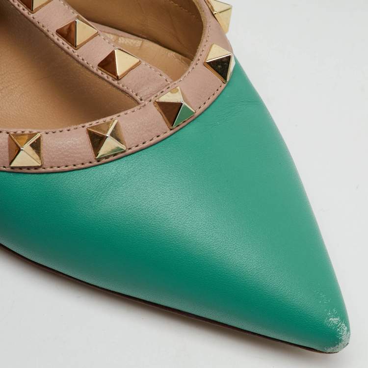 Pre Owned Valentino Green/Old Rose Leather Rockstud Ankle Strap Pumps Size 36