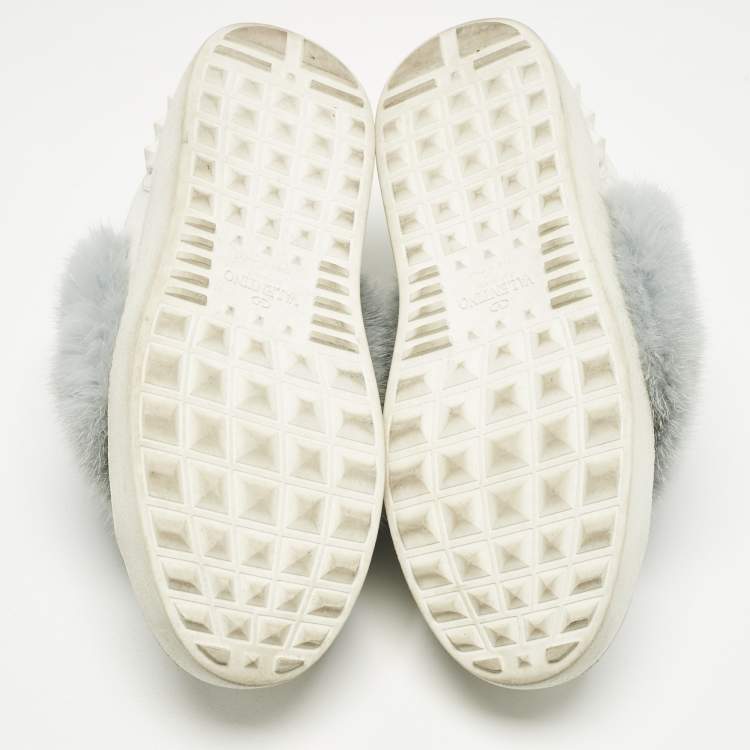 Pre Owned Valentino White/Blue Mink Fur And Leather Rockstud Low Top Sneakers Size 37.5