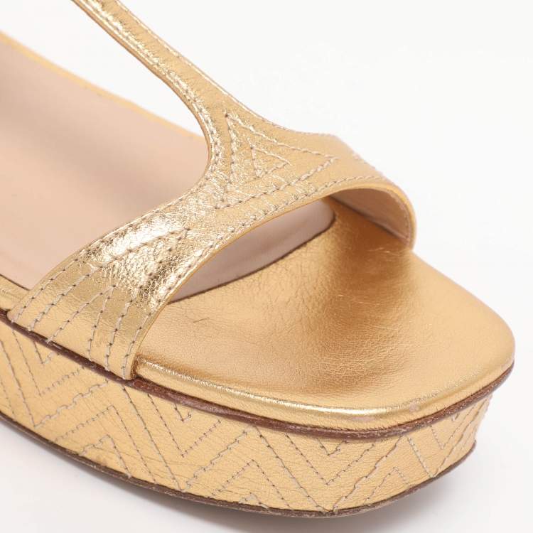 Pre Owned Valentino Gold Leather T-Strap Sandals Size 38