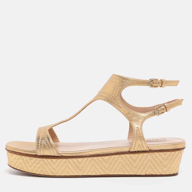 Pre Owned Valentino Gold Leather T-Strap Sandals Size 38