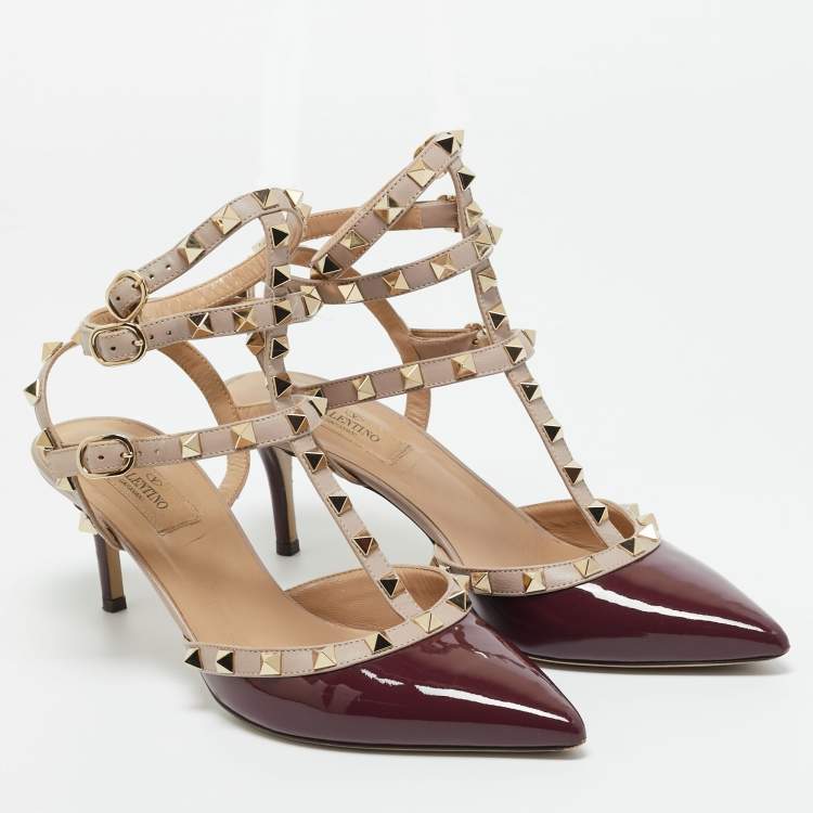 Pre Owned Valentino Burgundy/Pink Patent and Leather Rockstud Caged Pumps Size 39
