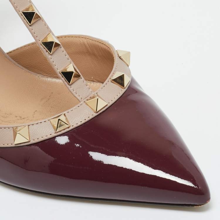 Pre Owned Valentino Burgundy/Pink Patent and Leather Rockstud Caged Pumps Size 39