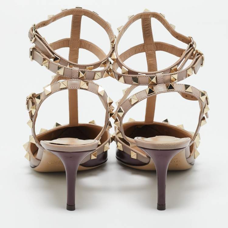 Pre Owned Valentino Burgundy/Pink Patent and Leather Rockstud Caged Pumps Size 39