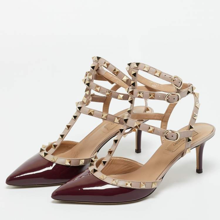 Pre Owned Valentino Burgundy/Pink Patent and Leather Rockstud Caged Pumps Size 39