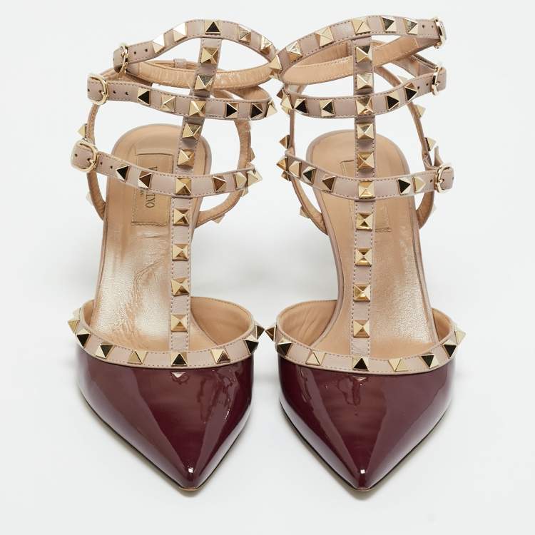 Pre Owned Valentino Burgundy/Pink Patent and Leather Rockstud Caged Pumps Size 39