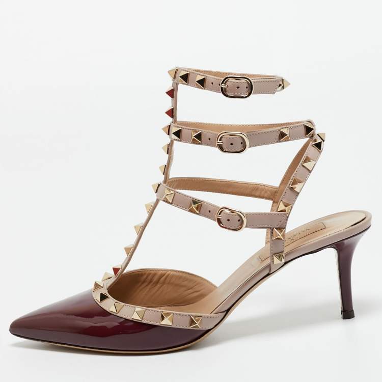 Pre Owned Valentino Burgundy/Pink Patent and Leather Rockstud Caged Pumps Size 39