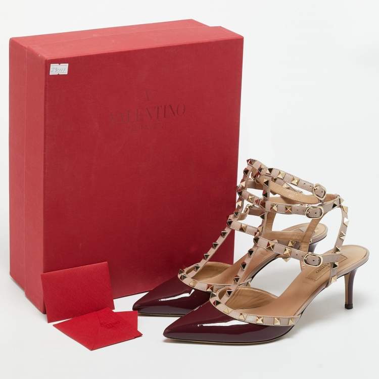 Pre Owned Valentino Burgundy/Pink Patent and Leather Rockstud Caged Pumps Size 39