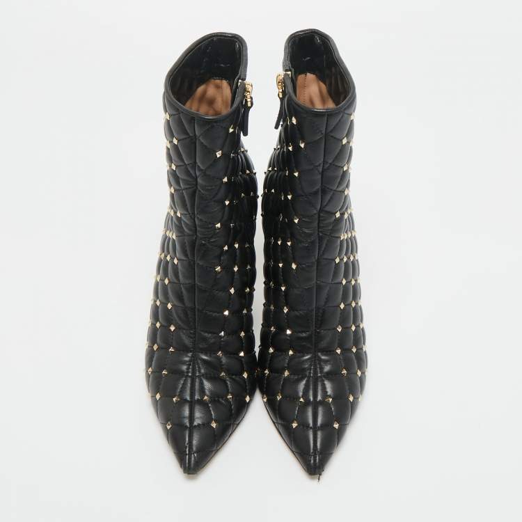 Pre Owned Valentino Black Leather Rockstud Ankle Length Boots Size 38