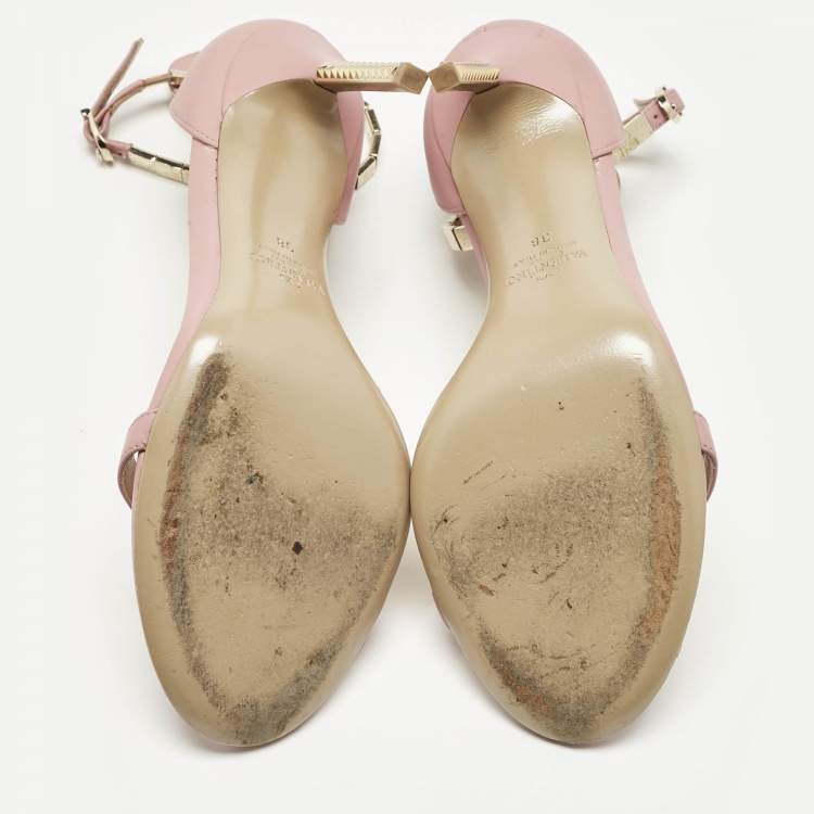 Pre Owned Valentino Pink Leather Embellished Ankle Strap Sandals Size 38