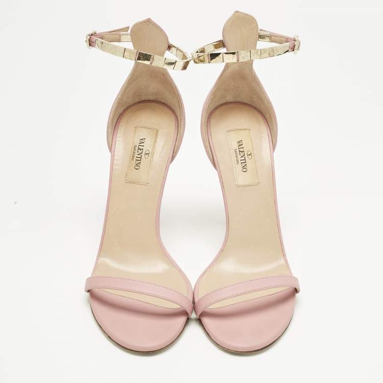 Pre Owned Valentino Pink Leather Embellished Ankle Strap Sandals Size 38