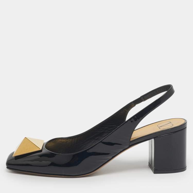 Pre Owned Valentino Black Patent Leather One Stud Block Heel Pumps Size 38
