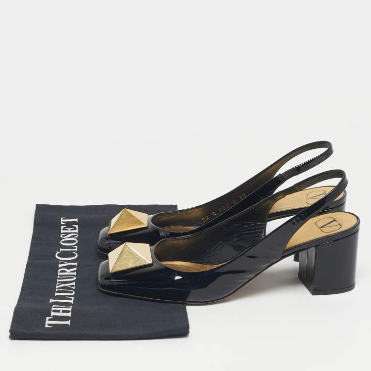 Pre Owned Valentino Black Patent Leather One Stud Block Heel Pumps Size 38