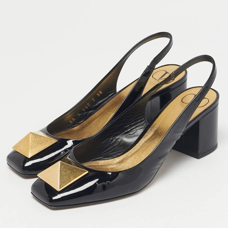 Pre Owned Valentino Black Patent Leather One Stud Block Heel Pumps Size 38