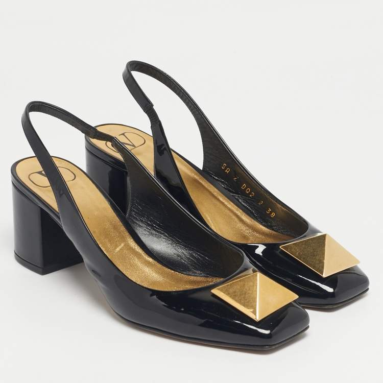 Pre Owned Valentino Black Patent Leather One Stud Block Heel Pumps Size 38