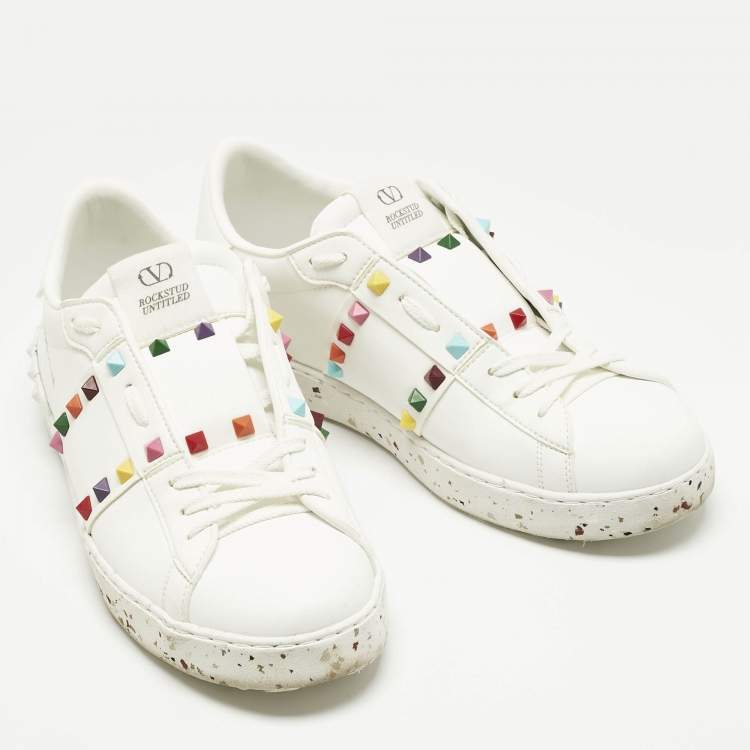 Pre Owned Valentino White Faux Leather Rockstud Open for a Change Sneakers Size 41.5