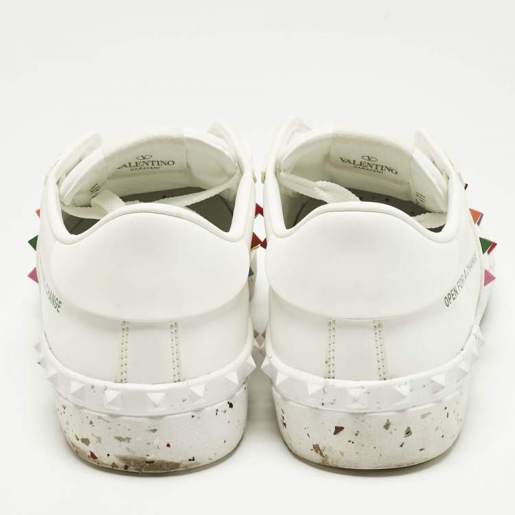 Pre Owned Valentino White Faux Leather Rockstud Open for a Change Sneakers Size 41.5