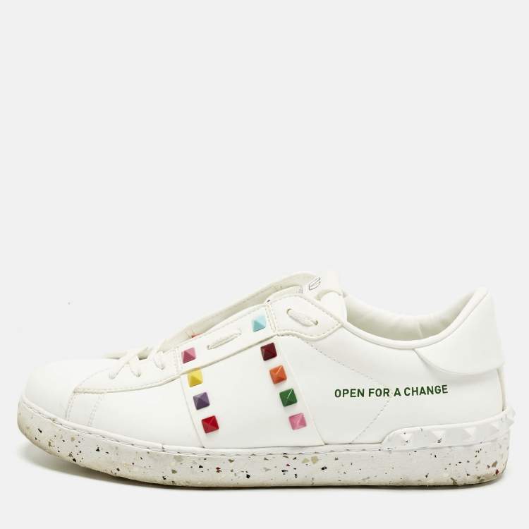 Pre Owned Valentino White Faux Leather Rockstud Open for a Change Sneakers Size 41.5