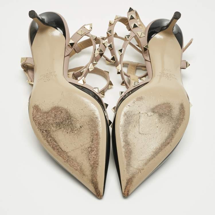 Pre Owned Valentino Black/Beige Patent Leather Rockstud Caged Ankle Strap Pumps Size 36.5