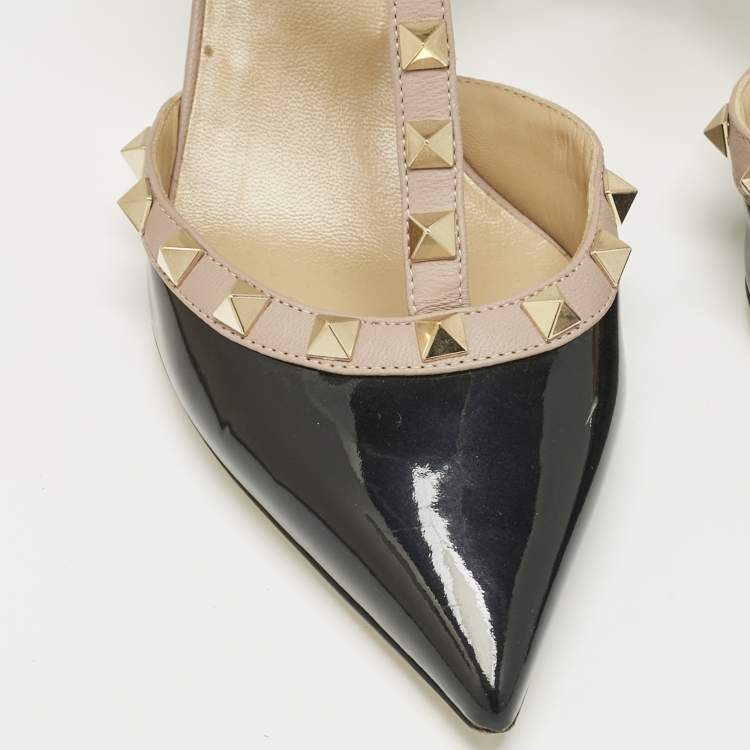 Pre Owned Valentino Black/Beige Patent Leather Rockstud Caged Ankle Strap Pumps Size 36.5