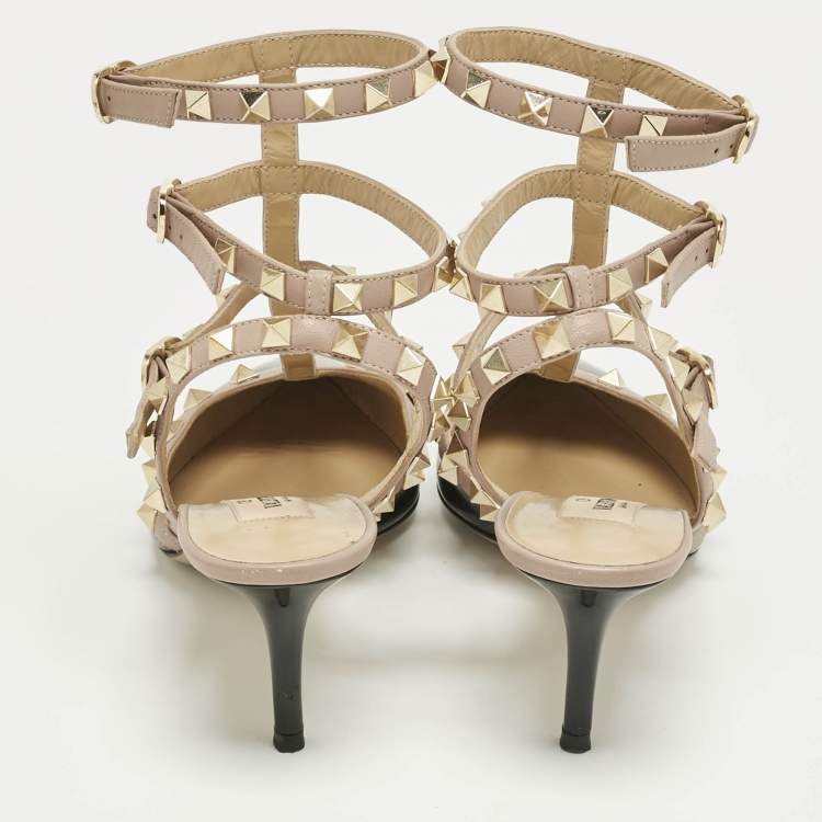 Pre Owned Valentino Black/Beige Patent Leather Rockstud Caged Ankle Strap Pumps Size 36.5