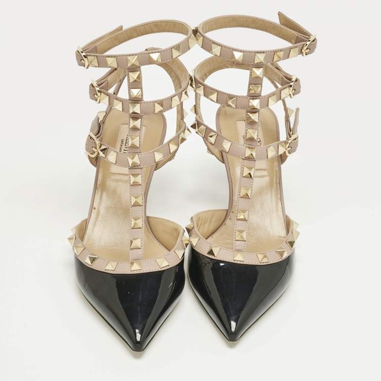 Pre Owned Valentino Black/Beige Patent Leather Rockstud Caged Ankle Strap Pumps Size 36.5