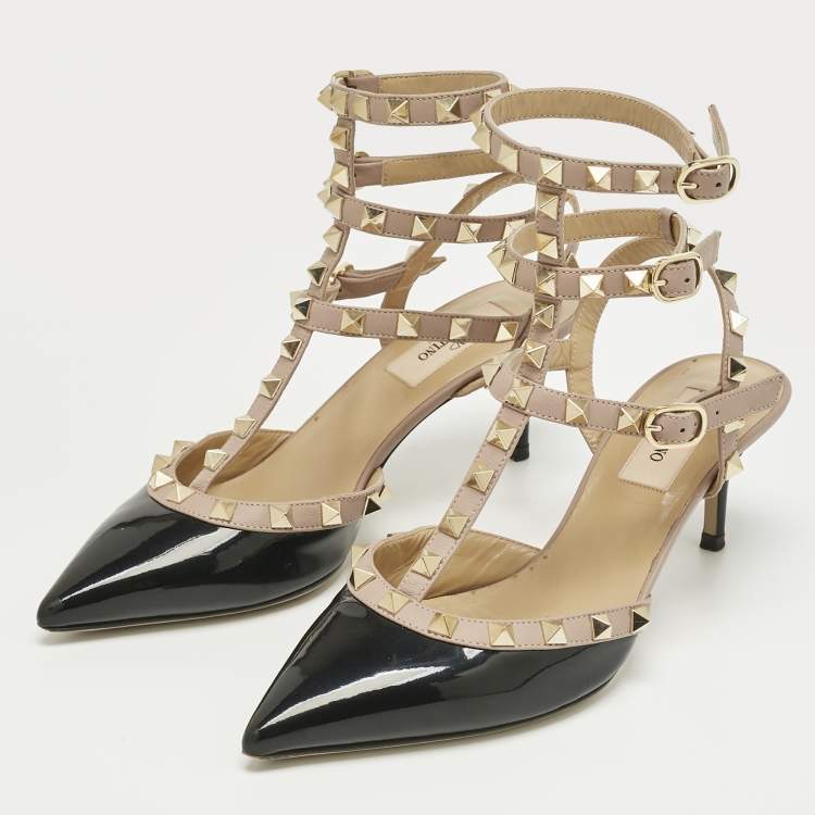 Pre Owned Valentino Black/Beige Patent Leather Rockstud Caged Ankle Strap Pumps Size 36.5