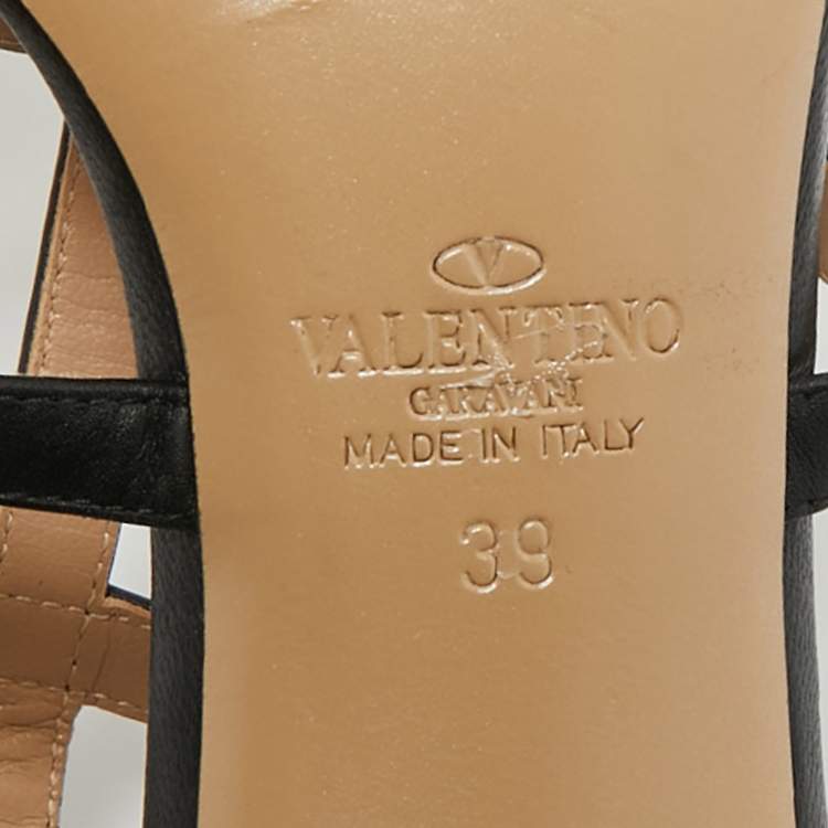 Pre Owned Valentino Black Leather Rockstud Ankle Strap Sandals Size 39