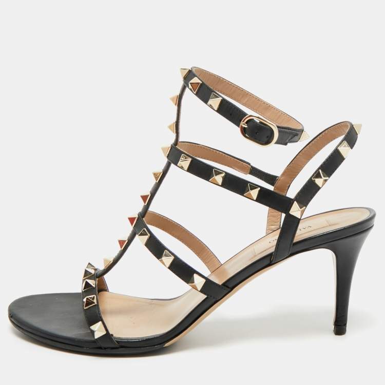 Pre Owned Valentino Black Leather Rockstud Ankle Strap Sandals Size 39